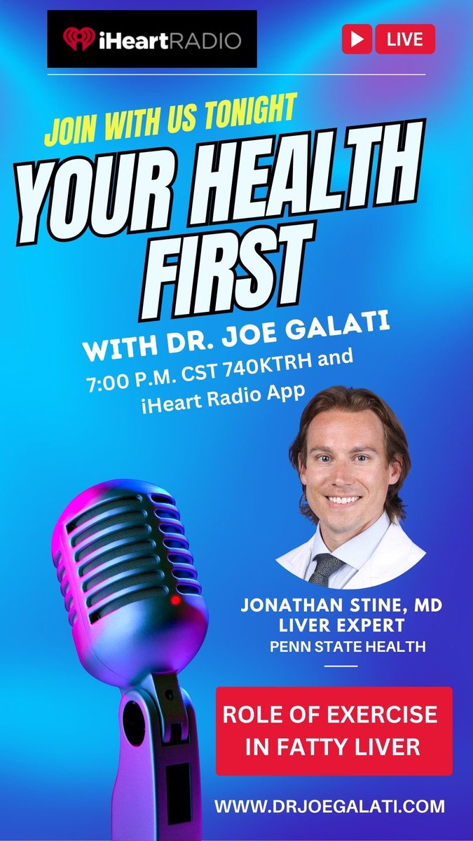 Can't wait to join <a href="/drjoegalati/">Joe Galati, M.D. FACG, FAASLD</a> on his weekly show "Your Health First"
Stop on by <a href="/iHeartRadio/">iHeartRadio</a> from 7-8 CST tonight to learn more about effective strategies to create better health through #exercise if you are living with #MASLD #MASH