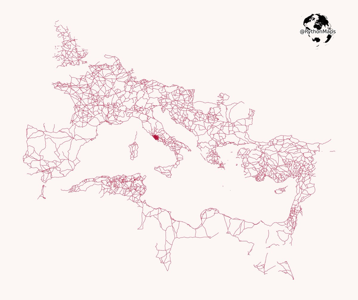 WallaceBeaufort's tweet image. All roads lead to Rome. This map highlights the vast infrastructure of the Roman Empire, showcasing how far their famous roads extended. #Python #DataScience #Geopython #DataVisualization #Rome #Maps
