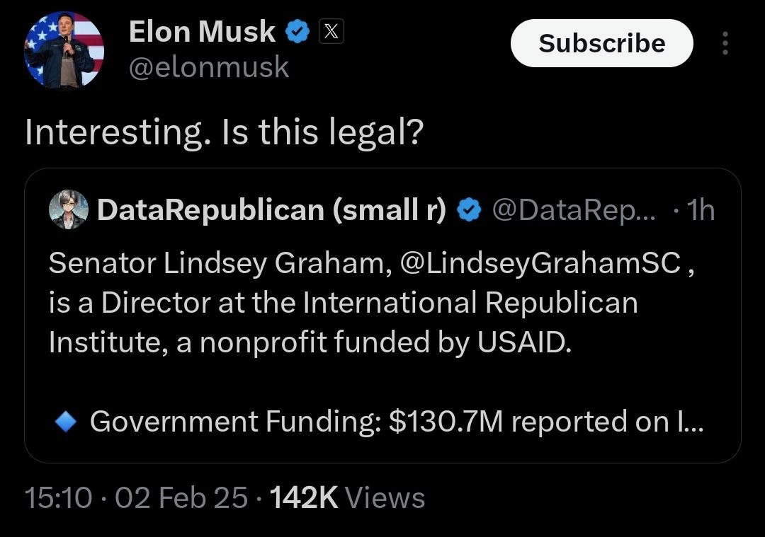 angelwoman501's tweet image. Elon Musk and his "DOGE" team calls out warmonger Lindsey Graham. 

Graham has quietly been a  DIRECTOR of the International Republican Institute, a nonprofit organization funded by USAID.  

🟥Government Funding : $130.7 MILLION
🟥Active Grants : $9.2 MILLION 

* Now we know why…