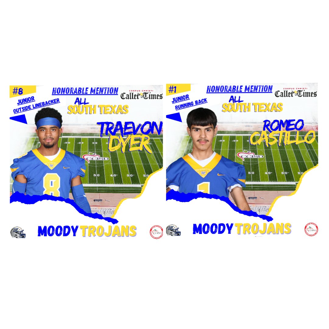 CC Moody Trojans Football (@trojanprideftbl) on Twitter photo Congratulations to our 5 Trojans who were named to the <a href="/CallerSports/">Caller Sports</a> All South TX Football Team!
LB Adrian Ayala-3rd Team
Fullback Adrian Luna- 2nd Team
RB Kayden Dufour- 2nd Team
RB Romeo Castillo- Honorable Mention
LB Traevon Dyer- Honorable Mention
#TrojanPride🔵🟡 Congratulations to our 5 Trojans who were named to the <a href="/CallerSports/">Caller Sports</a> All South TX Football Team!
LB Adrian Ayala-3rd Team
Fullback Adrian Luna- 2nd Team
RB Kayden Dufour- 2nd Team
RB Romeo Castillo- Honorable Mention
LB Traevon Dyer- Honorable Mention
#TrojanPride🔵🟡