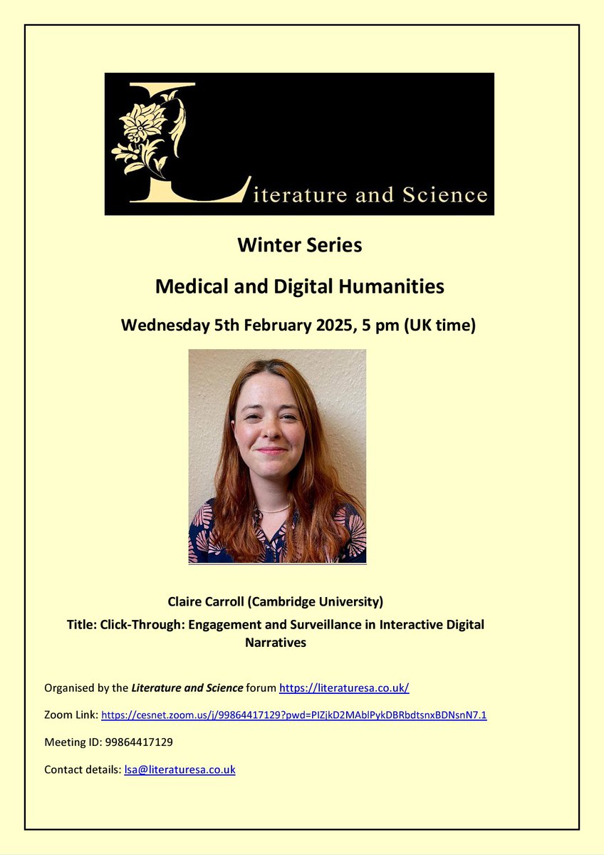 Literature and Science (@_literaturesa) on Twitter photo 📢Join us for Claire Carroll's talk on surveillance in interactive digital narratives (5 Feb, 5 pm UK time). literaturesa.co.uk/events
<a href="/Curtis_Chthonic/">Dr Curtis Runstedler</a>
<a href="/_sophiefranklin/">Sophie Franklin</a>
#digitalhumanities #aryaaryan #contemporary #literature #surveillance #narrative 📢Join us for Claire Carroll's talk on surveillance in interactive digital narratives (5 Feb, 5 pm UK time). literaturesa.co.uk/events
<a href="/Curtis_Chthonic/">Dr Curtis Runstedler</a>
<a href="/_sophiefranklin/">Sophie Franklin</a>
#digitalhumanities #aryaaryan #contemporary #literature #surveillance #narrative