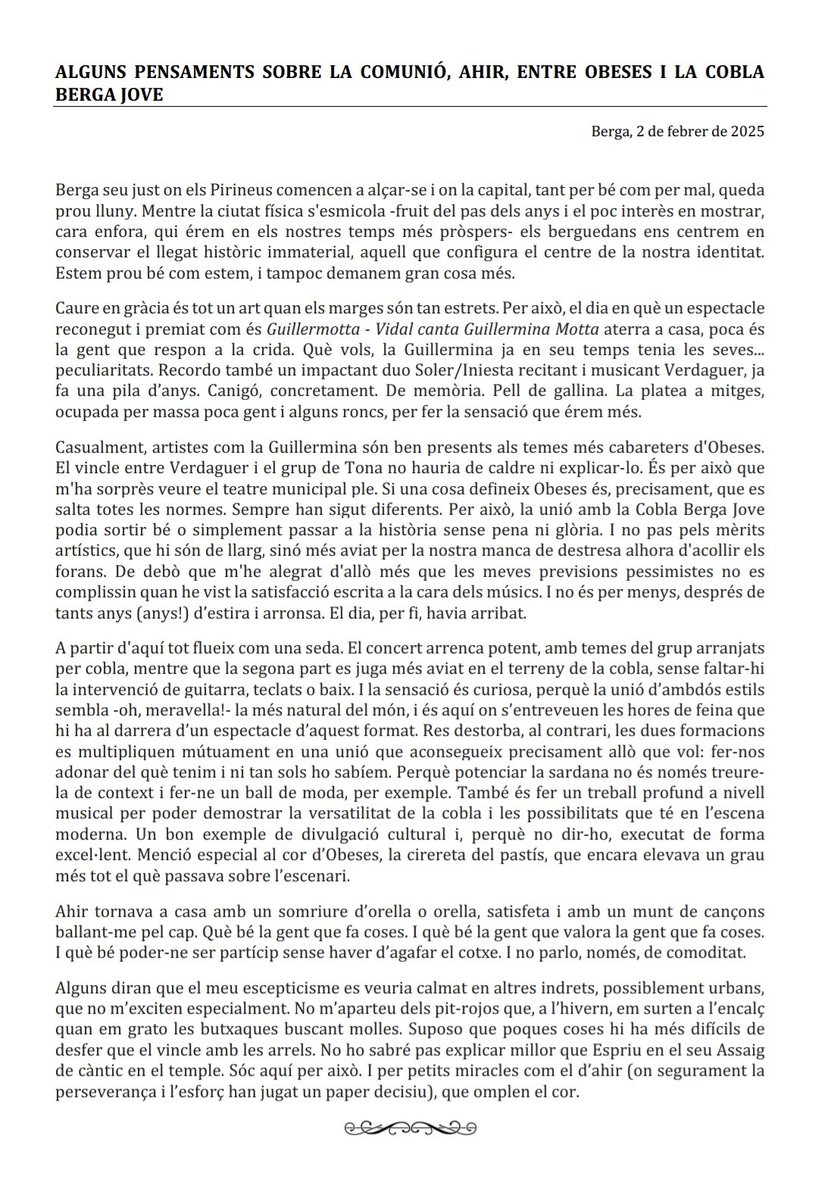 Marta (@marta_merula) on Twitter photo Em semblava que dir gràcies o enhorabona i prou era quedar-se curt, i tenia ganes d'explica-me, sense un lloc decent on fer-ho. <a href="/Obeses/">O B E S E S 🫀</a> <a href="/coblabergajove/">Cobla Berga Jove</a> <a href="/CObeses/">Cor d’Obeses</a> Em semblava que dir gràcies o enhorabona i prou era quedar-se curt, i tenia ganes d'explica-me, sense un lloc decent on fer-ho. <a href="/Obeses/">O B E S E S 🫀</a> <a href="/coblabergajove/">Cobla Berga Jove</a> <a href="/CObeses/">Cor d’Obeses</a>