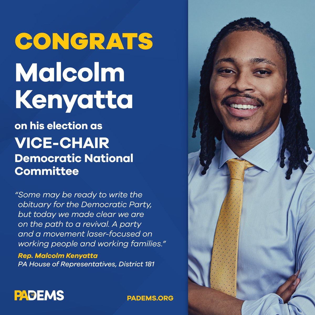 Congratulations to Malcolm Kenyatta (<a href="/malcolmkenyatta/">Rep. Malcolm Kenyatta</a>), PA Representative of the 181st district and active member of the PA Young Dems, on becoming a Vice President of the Democratic National Committee! We’re so proud of you for leading the charge to make PA blue again!