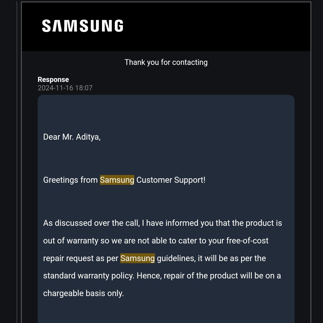 addsgive's tweet photo. @SamsungIndia Hey @SamsungIndia, my #GalaxyS21Plus got 4 green lines after an update. No replacement due to minor damage &amp; no repair discount? Called &amp; messaged many times, but only "policy" as a response. @OnePlus_India handles this better! Disappointed! #GreenLineIssue https://t.co/oPsaSJv5OD