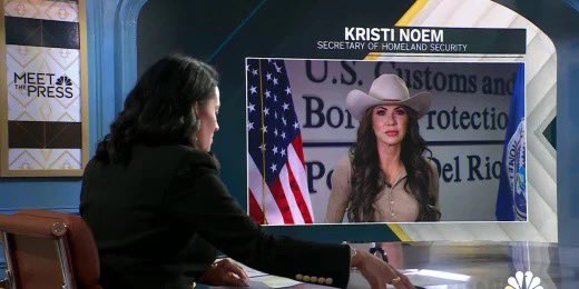 jacqjacks's tweet photo. @KristiNoem wearing a cowboy hat on Meet the Press is a bold move—nothing says ‘serious policy discussion’ like dressing for a rodeo that only exists in your own head.
#MeetThePress #PoliticalTheater https://t.co/QP0gQVE74p