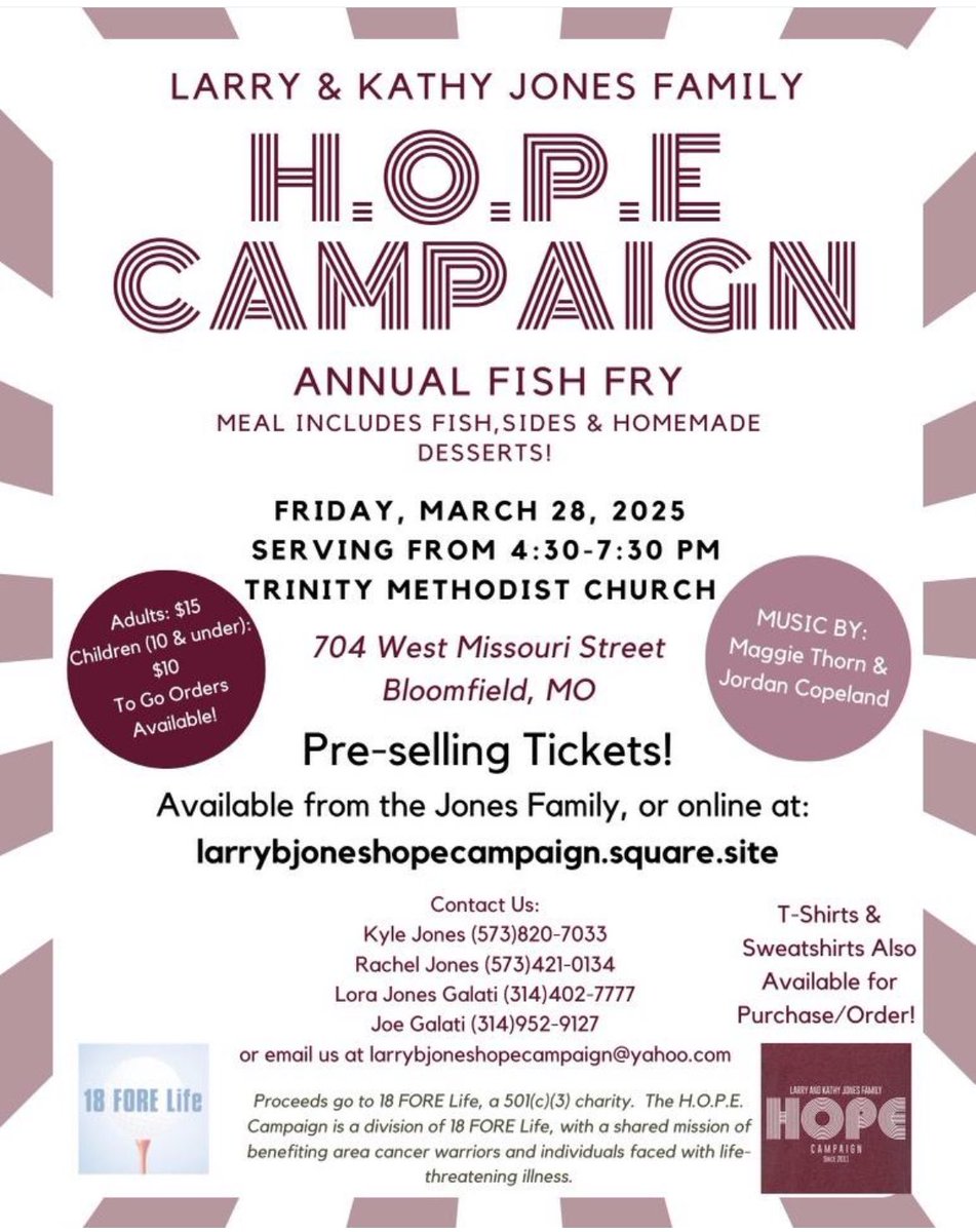 18FORELife's tweet image. Please join us for this year’s fish fry at Trinity Methodist Church in Bloomfield on March 28th. Live music by Maggie Thorn &amp;amp; Jordan Copeland. Visit 18forelife.com/news/ to learn more. See you then!