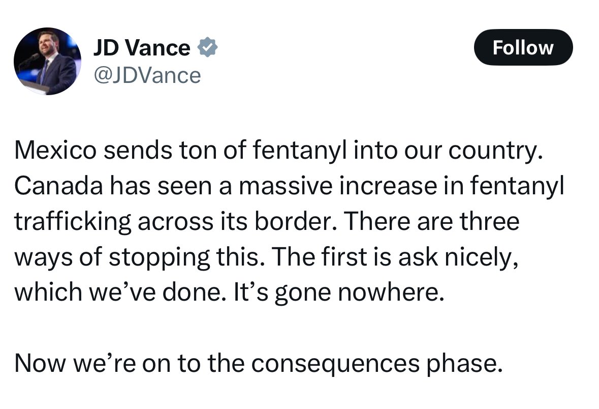 JamesSurowiecki's tweet image. "Mexico" does not send a ton of fentanyl into our country. Mexican drug cartels do. And the idea that there's a fentanyl spigot that the Mexican and Canadian governments can just turn off if they try hard enough is childish, magical thinking.