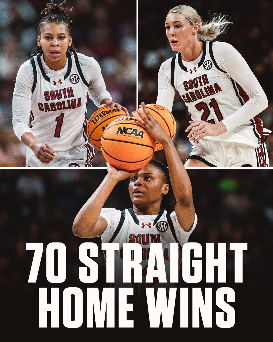 SECNetwork's tweet photo. The longest home win streak in SEC history 🔥 @GamecockWBB https://t.co/37c8ZfIU5X