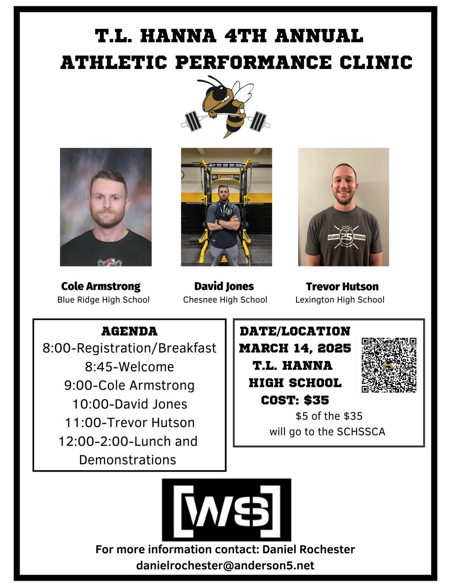 T.L. Hanna Strength (@tlhannastrength) on Twitter photo 🚨🚨T.L. Hanna 4th Annual Athletic Performance Clinic on March 14th!🚨🚨
Scan the QR code to sign up! <a href="/hdabernethy/">David Abernethy 🇺🇸</a> <a href="/DrCOACHStrong/">Mike Armstrong</a> <a href="/SCHSSCA_sc/">SCHSSCA</a> <a href="/NHSSCA_SC/">NHSSCA_SC</a> <a href="/coachAcaldwell/">Andrew Caldwell</a> <a href="/CoachThomas2727/">Ryan Thomas</a> <a href="/CoachMagwood/">Cory Magwood, CSCS</a> <a href="/RedFox_Strong/">Brandon Tedder</a> <a href="/SFBruinStrength/">South Florence High School Strength & Conditioning</a> <a href="/TLH_Updates/">TL Hanna Sports Updates</a> 🚨🚨T.L. Hanna 4th Annual Athletic Performance Clinic on March 14th!🚨🚨
Scan the QR code to sign up! <a href="/hdabernethy/">David Abernethy 🇺🇸</a> <a href="/DrCOACHStrong/">Mike Armstrong</a> <a href="/SCHSSCA_sc/">SCHSSCA</a> <a href="/NHSSCA_SC/">NHSSCA_SC</a> <a href="/coachAcaldwell/">Andrew Caldwell</a> <a href="/CoachThomas2727/">Ryan Thomas</a> <a href="/CoachMagwood/">Cory Magwood, CSCS</a> <a href="/RedFox_Strong/">Brandon Tedder</a> <a href="/SFBruinStrength/">South Florence High School Strength & Conditioning</a> <a href="/TLH_Updates/">TL Hanna Sports Updates</a>