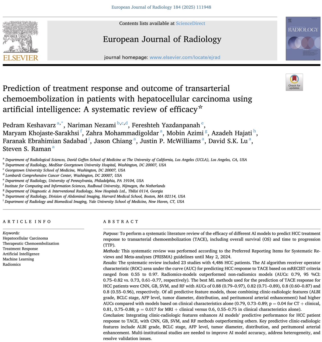 Pedram Keshavarz, MD (@pedrammd) on Twitter photo Excited to share our new study published in European Journal of Radiology (<a href="/EJR_official_/">EJR_official</a>): ‘Efficacy of Different AI Models in Predicting Treatment Response and Outcome to #TACE in 4,486 #HCC Patients.’ Check it out: ejradiology.com/article/S0720-…
#AI #Radiology #LiverCancer #LIRADS Excited to share our new study published in European Journal of Radiology (<a href="/EJR_official_/">EJR_official</a>): ‘Efficacy of Different AI Models in Predicting Treatment Response and Outcome to #TACE in 4,486 #HCC Patients.’ Check it out: ejradiology.com/article/S0720-…
#AI #Radiology #LiverCancer #LIRADS