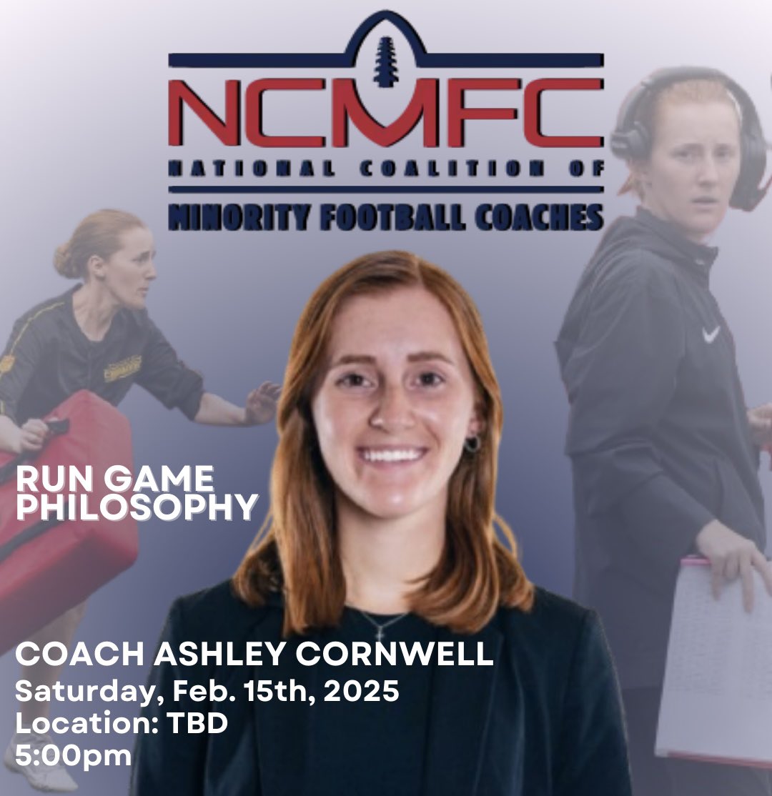 Ashley Ann (@coachashann) on Twitter photo I am grateful to announce I will be speaking at the <a href="/NCMFC1/">National Coalition of Minority Football Coaches</a> Conference in Las Vegas on February 15th. I will be presenting my Run Game Philosophy and highlight why I like condensed formations. I hope to see everyone there.
#NCMFC
#JoinTheCoalition
#PreparePromoteProduce I am grateful to announce I will be speaking at the <a href="/NCMFC1/">National Coalition of Minority Football Coaches</a> Conference in Las Vegas on February 15th. I will be presenting my Run Game Philosophy and highlight why I like condensed formations. I hope to see everyone there.
#NCMFC
#JoinTheCoalition
#PreparePromoteProduce
