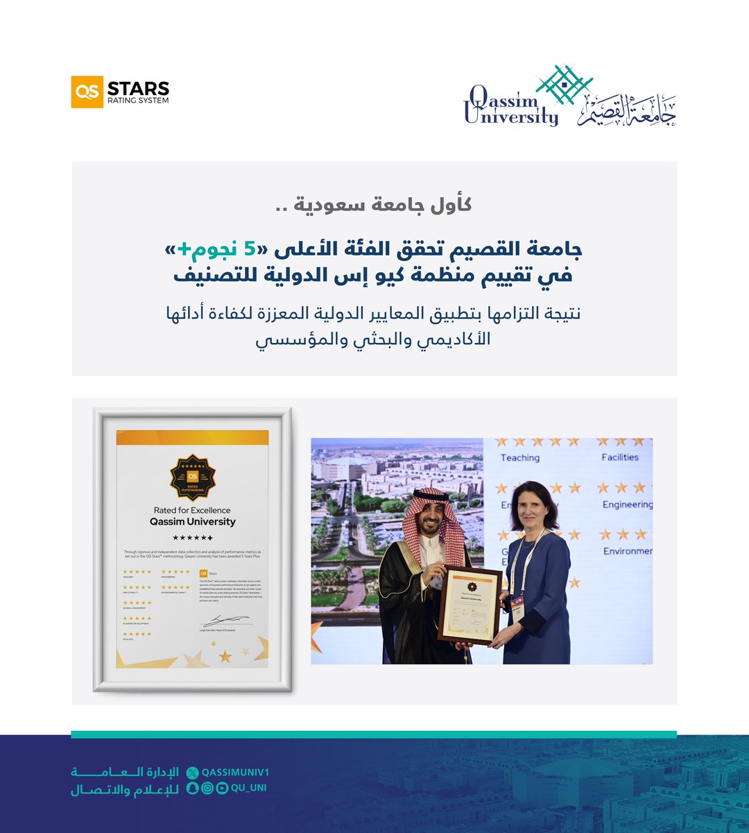 كأول جامعة سعودية..

#جامعة_القصيم تحقق الفئة الأعلى «5 نجوم+» في تقييم منظمة كيو إس QS الدولية للتصنيف.

التفاصيل : qu.edu.sa/d_news/3697