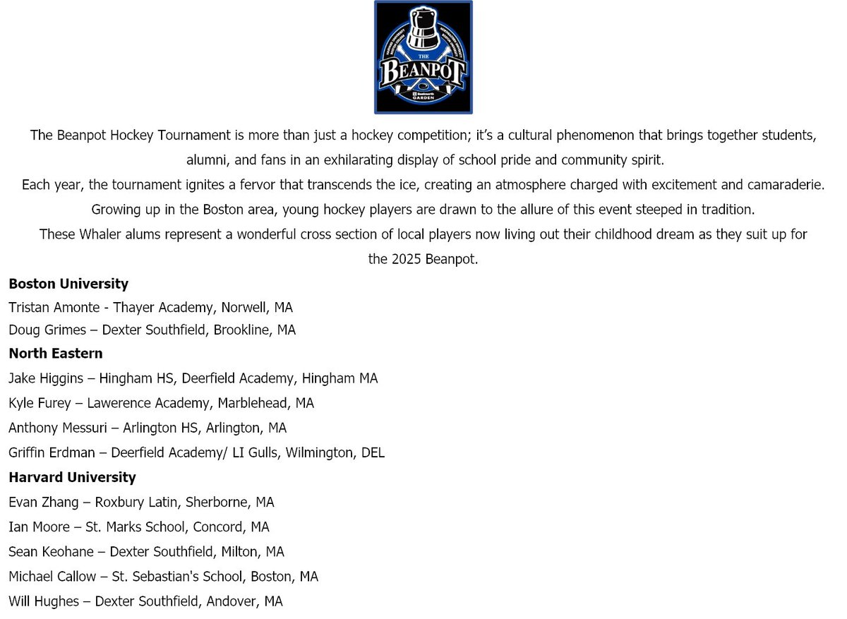 Whalers in the 2025 <a href="/BeanpotHockey/">BeanpotHockey</a> 
<a href="/SMBoysHockey/">StMarksBoysHockey</a> <a href="/DeerfieldBVH/">Deerfield Boys Hockey</a> <a href="/GoNUmhockey/">Northeastern Men’s Hockey</a>
