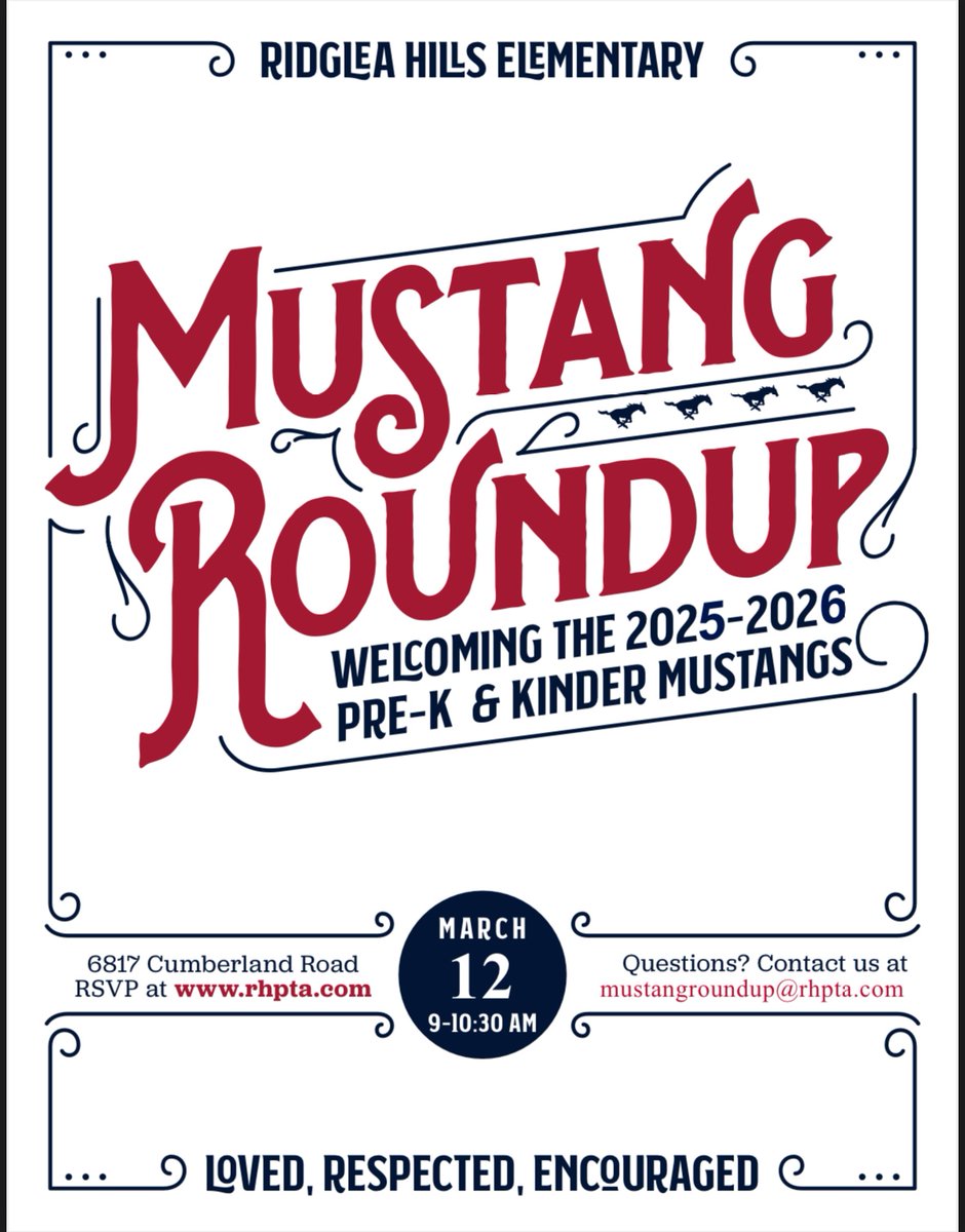 Ridglea Hills Elementary School (@rhillsfwisd) on Twitter photo Calling all future Mustangs! Mustang Roundup is March 12 at 9am to welcome incoming Pre-K and Kindergartners! Families will be able to take a tour of the school and meet our amazing teachers.
RSVP on the RHPTA website (Mustang Roundup) Questions? email mustangroundup@rhpta.com Calling all future Mustangs! Mustang Roundup is March 12 at 9am to welcome incoming Pre-K and Kindergartners! Families will be able to take a tour of the school and meet our amazing teachers.
RSVP on the RHPTA website (Mustang Roundup) Questions? email mustangroundup@rhpta.com
