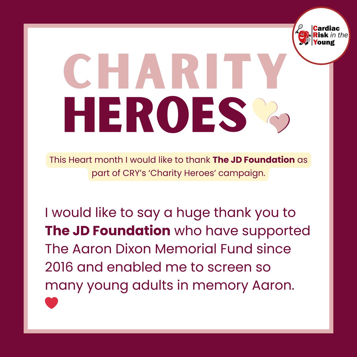 February is Heart Month, I want to take a moment to express my deepest gratitude to one of my biggest supporters, <a href="/JDFoundationUK/">JD Foundation</a>  Thank you for everything you do to support me in my mission to ensure all young people are heart safe. Your generosity has made a difference <a href="/CRY_UK/">CRY</a>