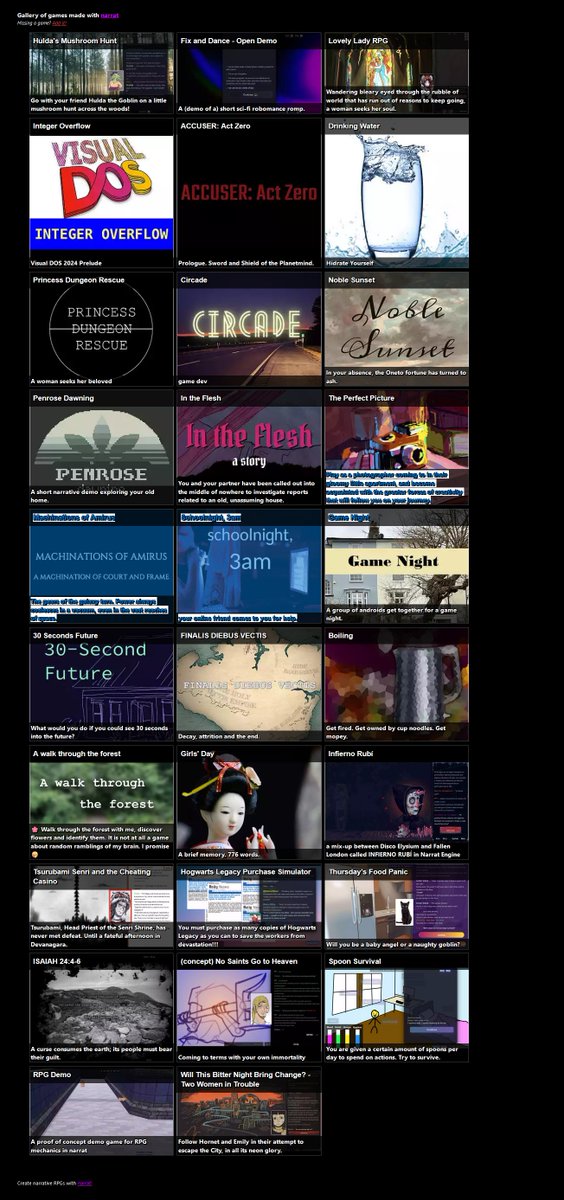 Just updated the narrat.games website. If I zoom out a lot I can still fit them into a screenshot, kinda 😅