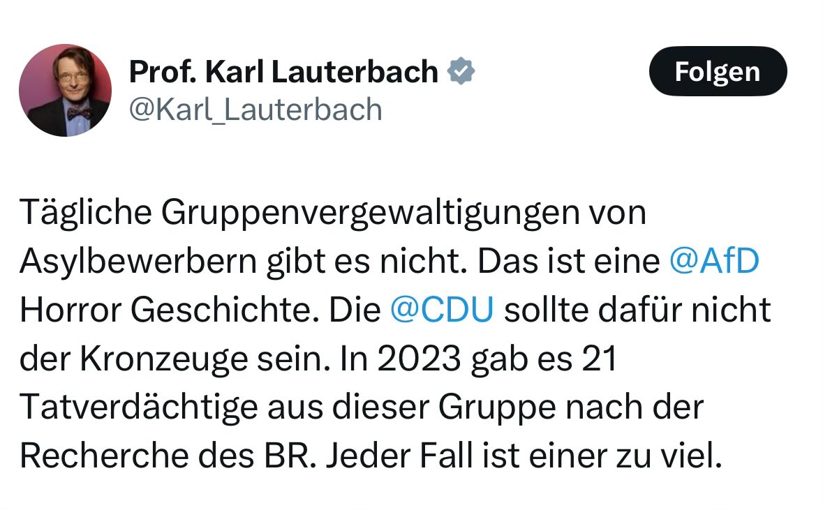 Ekelhaft wie Karl Lauterbach Vergewaltigungen durch Migranten relativieren will.

Das ist ein Schlag ins Gesicht eines jeden Opfers.