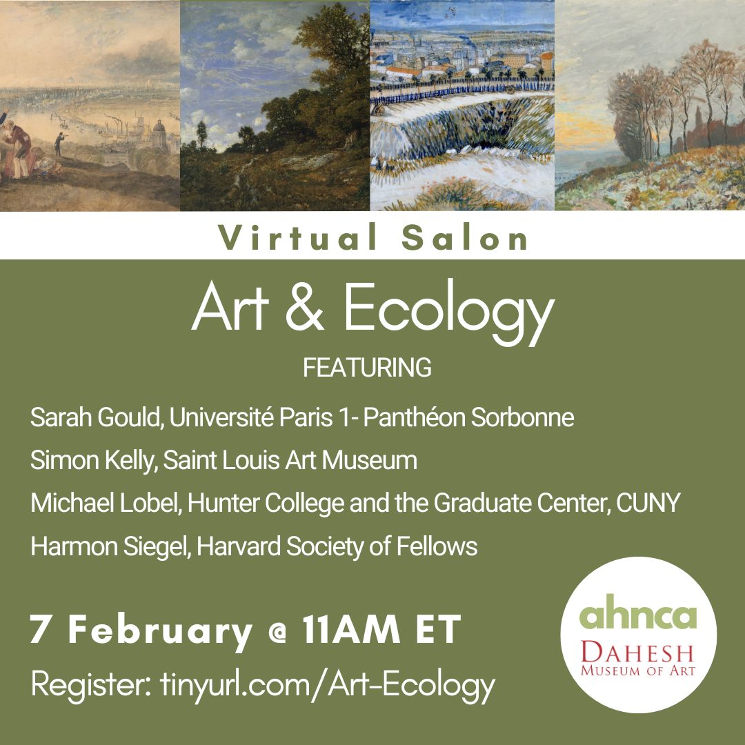 Reminder! Join us February 7 @ 11 am ET for Art and Ecology, a Virtual Salon featuring Sarah Gould, Simon Kelly, Michael Lobel, and Harmon Siegel.   

The event is free but registration is required: tinyurl.com/Art-Ecology.