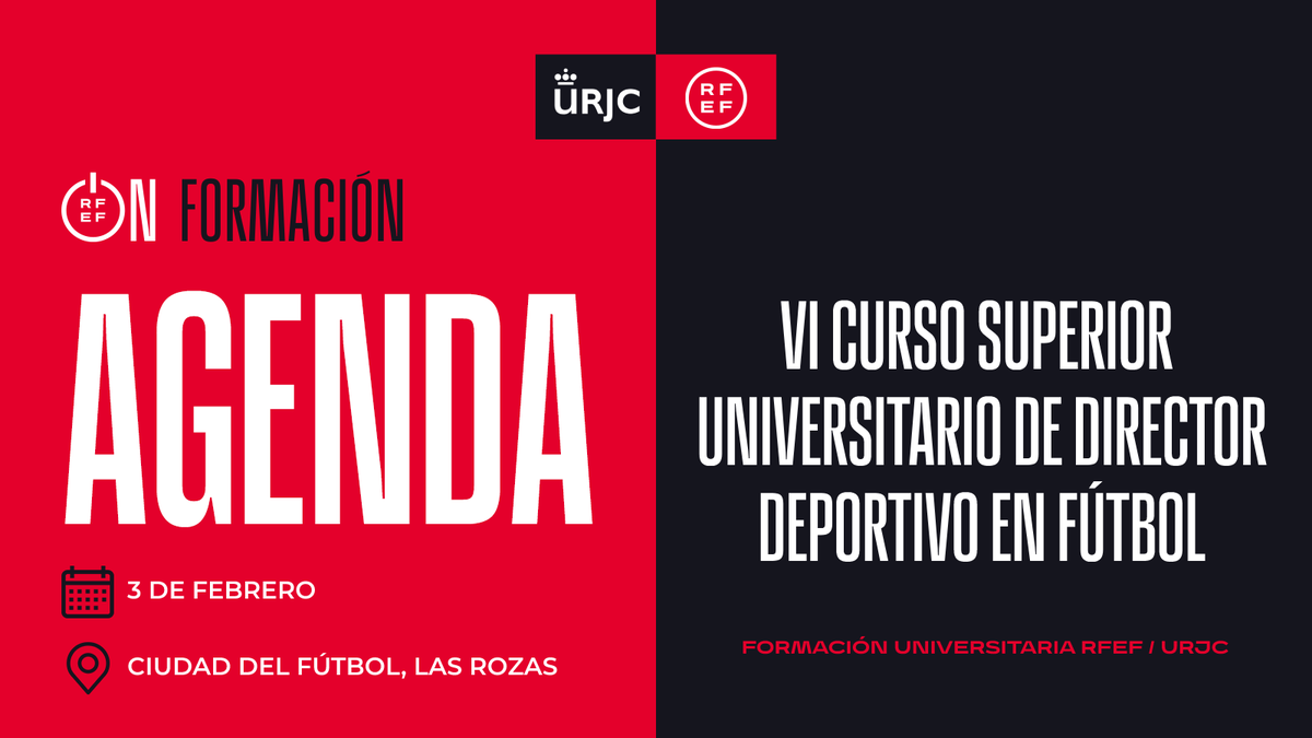 ⚽️👩🏻‍🎓👨🏻‍🎓AGENDA | Jornada 2️⃣ del ‘𝗩𝗜 𝗖𝘂𝗿𝘀𝗼 𝗱𝗲 𝗗𝗶𝗿𝗲𝗰𝘁𝗼𝗿 𝗗𝗲𝗽𝗼𝗿𝘁𝗶𝘃𝗼 𝗲𝗻 𝗙𝘂́𝘁𝗯𝗼𝗹’ de la <a href="/rfef/">RFEF</a>

Ponentes ⤵️
🙋🏻‍♂️ <a href="/JoaquinGonRo/">Joaquín González-Rodenas ⚽</a>
🙋🏻‍♂️ <a href="/serranonino/">miguel angel serrano</a>
🙋🏻‍♂️ Fernando del Villar

🗓️ Hoy
⌚️ 15 horas
📍 Ciudad del Fútbol

#FormaciónRFEF | #DirectorDeportivoRFEF