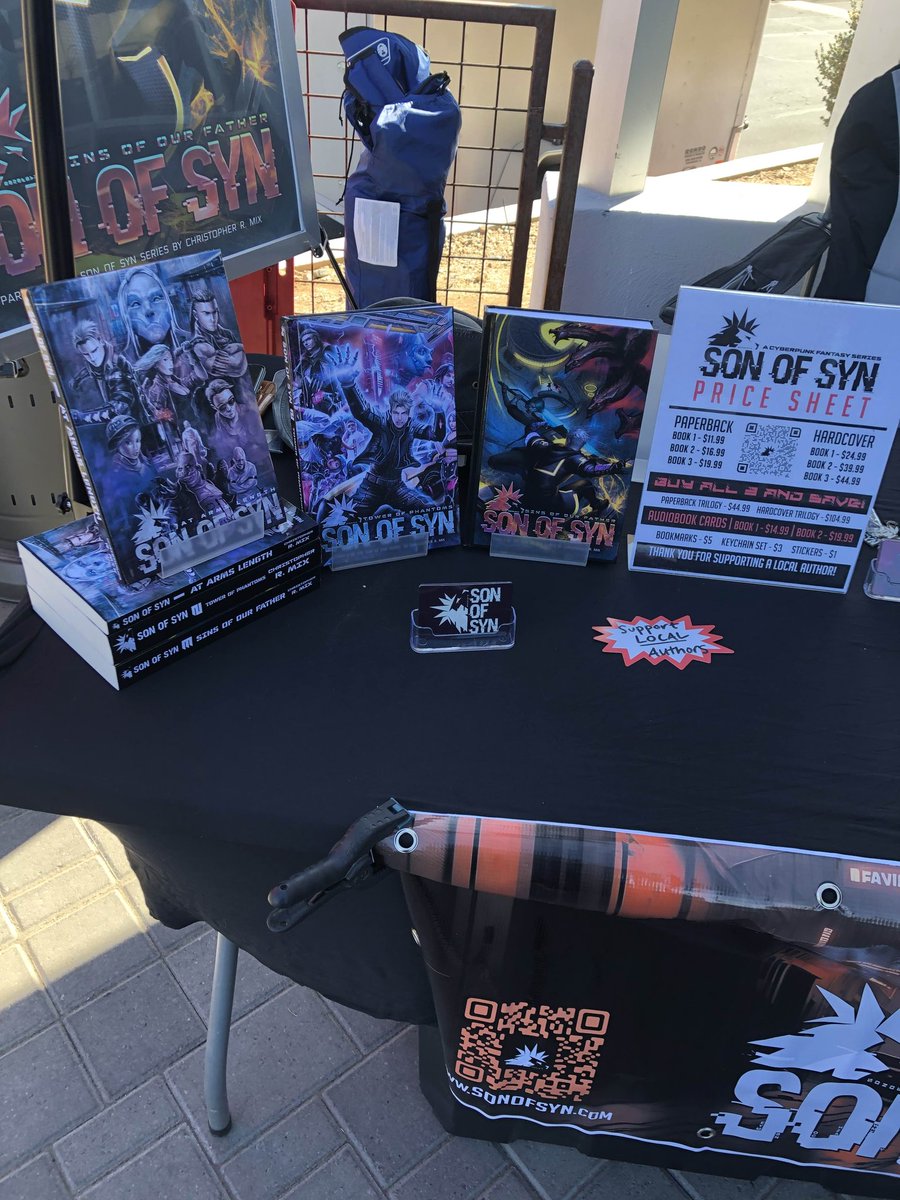 MIXtopher's tweet photo. Out here selling Son Of Syn books at a local vendors event! Tons of food and beer as well so will be a good day 🙌 one trilogy sale so far! #newbook #BOOKERS #cyberpunk #sonofsyn https://t.co/IbmXFJ3ZhE