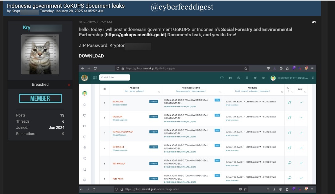 A member of a #darkweb forum allegedly shared #Indonesia government GoKUPS document leaks. 🇮🇩

Indonesia's Social Forestry and Environmental Partnership (https://gokups[.]menlhk[.]go[.]id) documents have been leaked— and yes, it's free!

#DataLeak #CyberSecurity #Indonesia