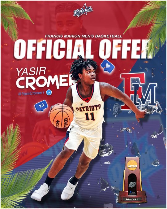 Yasir Cromer (@yasircromer1) on Twitter photo After a great conversation with Coach Zehnder <a href="/FMUBasketball/">FMU Men's Basketball</a> I am blessed to announce that I have received my 2nd offer from Francis Marion University. After a great conversation with Coach Zehnder <a href="/FMUBasketball/">FMU Men's Basketball</a> I am blessed to announce that I have received my 2nd offer from Francis Marion University.