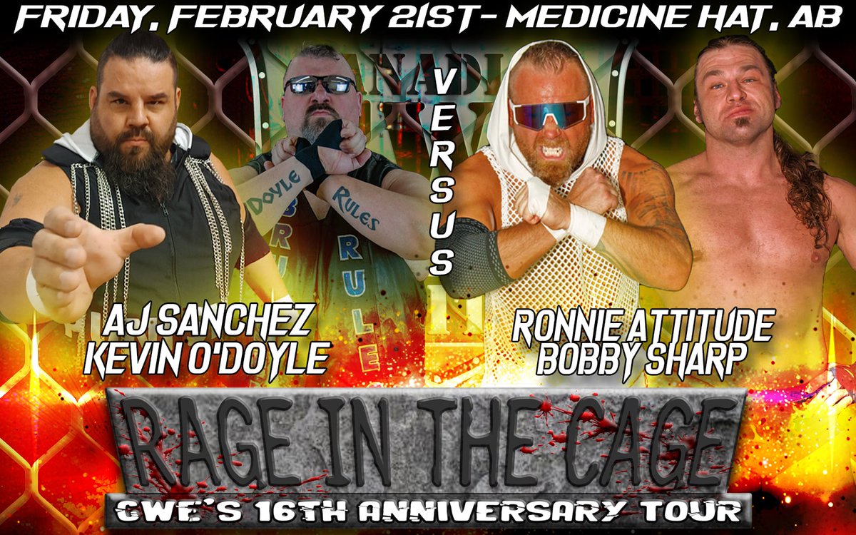 CWE Canada (@cwecanada) on Twitter photo Feb 21 <a href="/CWECanada/">Canadian Wrestling's Elite</a> Medicine Hat Alberta:
Tag Team Match!
<a href="/CrusherAj/">CrusherAJSanchez</a> & <a href="/KevinODoyle1/">Kevin O’Doyle</a> vs. <a href="/ronnieattitude/">Ronnie Attitude</a> & <a href="/lionwarriorab/">Bobby Sharp</a> Feb 21 <a href="/CWECanada/">Canadian Wrestling's Elite</a> Medicine Hat Alberta:
Tag Team Match!
<a href="/CrusherAj/">CrusherAJSanchez</a> & <a href="/KevinODoyle1/">Kevin O’Doyle</a> vs. <a href="/ronnieattitude/">Ronnie Attitude</a> & <a href="/lionwarriorab/">Bobby Sharp</a>