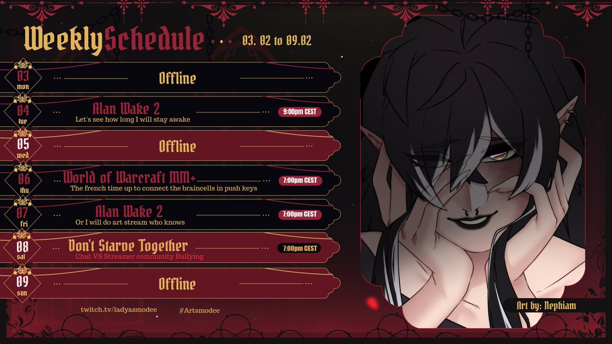 LadyAsmodee's tweet image. 🗓️ Stream Schedule ( 03.02 - 09.02 )
    ✧  • ───── ✧ ───── • 
Long time I&apos;ve posted a schedule so :&apos;&amp;gt; Back at grinding streams! ♥

🎨New Schedule by : @/smolshushi
🔴 twitch.tv/ladyasmodee