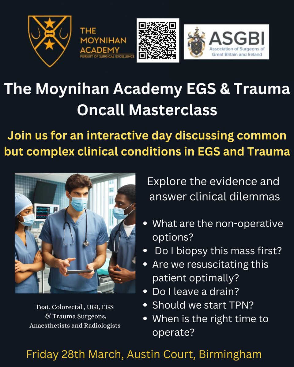 ASGBI Moynihan Academy (@asgbi_ma) on Twitter photo 🚨 Calling all surgeons
Have you signed up to join oncall masterclass yet? 😷
It promises to be an engaging, informative & friendly day exploring common #egs and #trauma dilemmas
Perfect prep for busy oncalls and exams, all welcome!
#generalsurgery <a href="/asgbi/">ASGBI</a>
events.asgbi.org.uk/asgbievents/in… 🚨 Calling all surgeons
Have you signed up to join oncall masterclass yet? 😷
It promises to be an engaging, informative & friendly day exploring common #egs and #trauma dilemmas
Perfect prep for busy oncalls and exams, all welcome!
#generalsurgery <a href="/asgbi/">ASGBI</a>
events.asgbi.org.uk/asgbievents/in…