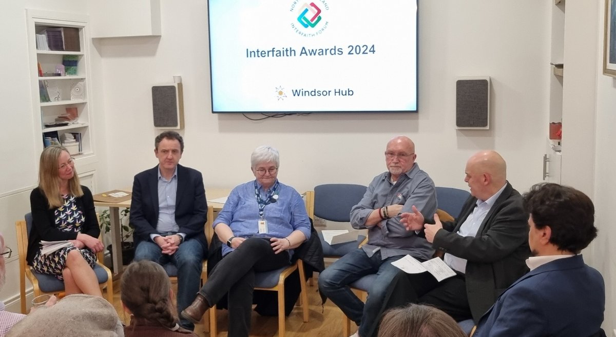 Belfaster's tweet image. A great panel of speakers at the Interfaith Awards presentation: Dr Lorna Gold, Prof Colin Harvey, Lynda Gould, Rev Dr Bill Shaw, Peter Osborne and Sheikh Anwar Mady