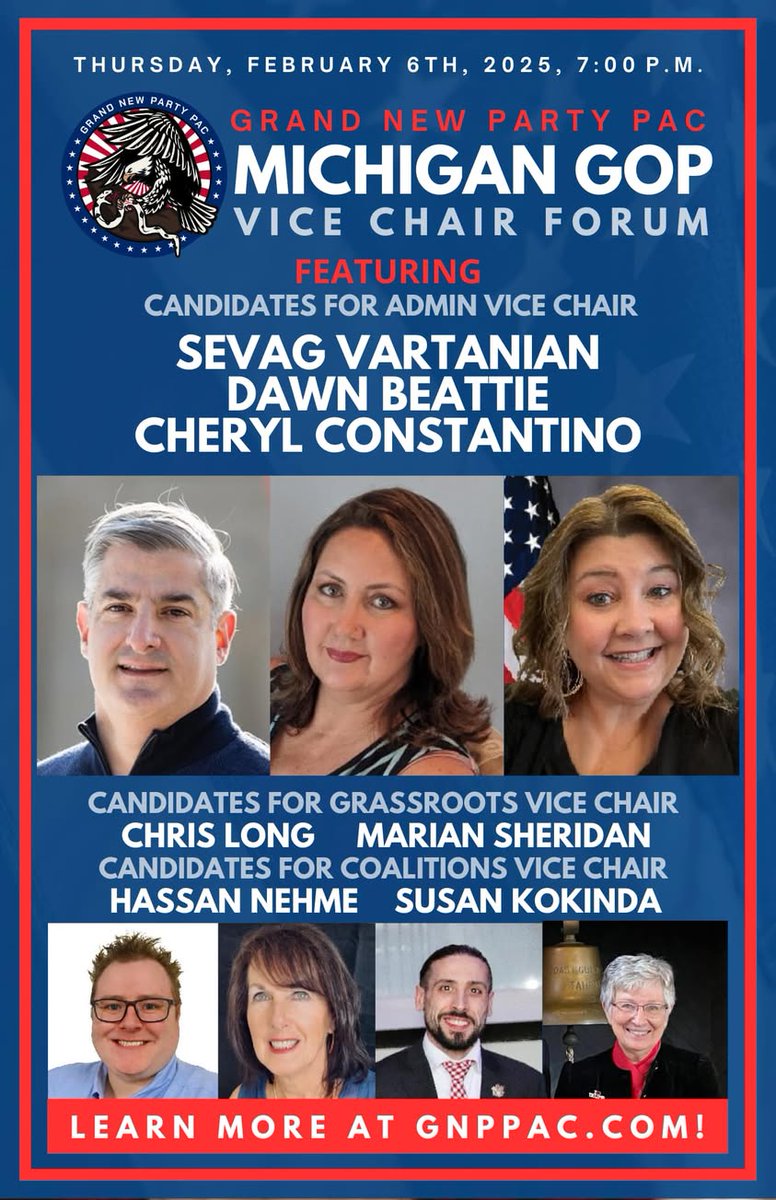 GopMuskegon's tweet photo. The Grand New Party PAC is hosting a series of Vice Chair candidate forums available to watch via Zoom.
Thursday, Feb. 6 at 7PM. Register here for the Zoom: https://t.co/DgNfxDsGoQ
Monday, Feb. 10 at 7PM. Register here for the Zoom: https://t.co/MxEVOCwsMq https://t.co/o6FNhEtCNz
