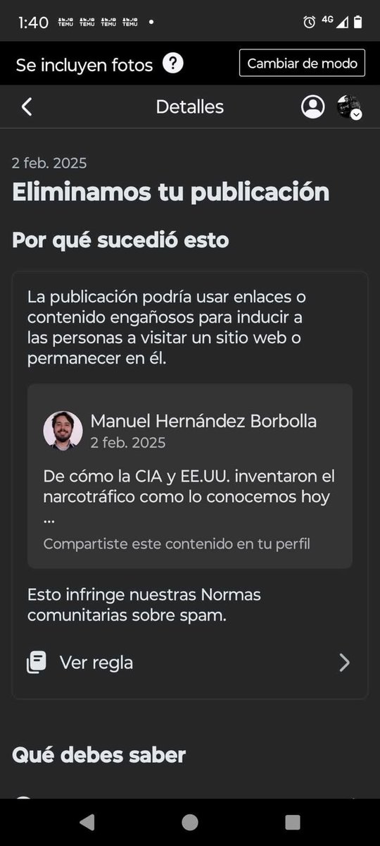 manuelhborbolla's tweet photo. Acá otra prueba de la CENSURA en Facebook por explicar de manera sencilla y comprensible, cómo fue que la CIA y EE.UU. inventaron los cárteles de la droga como los conocemos hoy.

No quieren que la gente se entere de la verdad. No podrán callarnos. Mucha gente ya despertó. https://t.co/KVmlt3SZI8