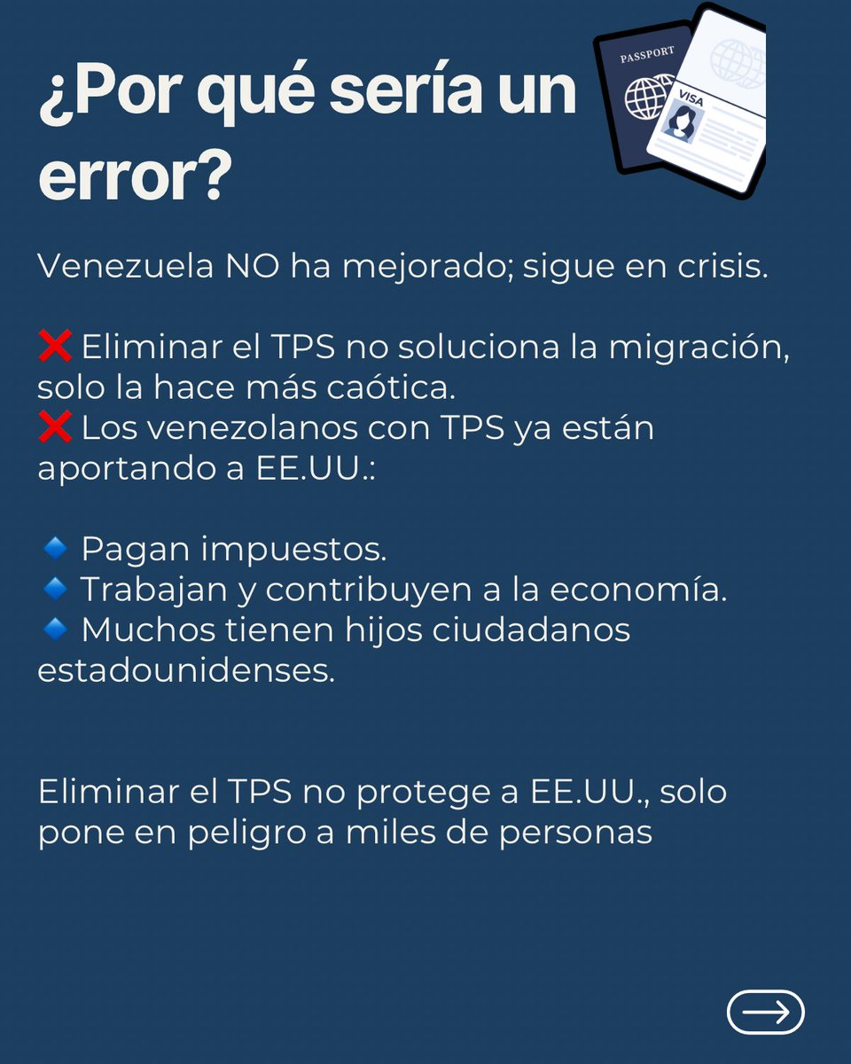 alejandraoraa's tweet photo. La administración Trump revocó el TPS para venezolanos basándose en dos argumentos principales: el interés nacional y la agenda migratoria. En primer lugar, se argumentó que el programa, diseñado para ofrecer protección temporal a ciudadanos de países afectados por crisis, había dejado de servir al interés nacional de Estados Unidos. 

Según esta postura, muchos beneficiarios del TPS habían extendido su permanencia más allá de lo previsto, transformando una medida temporal en una situación prolongada que, a ojos de la administración, distorsionaba el propósito original del programa.

En segundo lugar, la revocación encaja en una política migratoria más amplia de reducir la presencia de inmigrantes en el país. La administración sostenía que mantener el TPS incentivaba una permanencia prolongada de migrantes y que este escenario debía corregirse para controlar el flujo migratorio. 

Se argumentó que eliminar el TPS restablecería el equilibrio, permitiendo que Estados Unidos priorizara a quienes considerara de mayor "interés nacional".
No obstante, esta decisión ha sido fuertemente criticada. Muchos defensores de derechos humanos y analistas señalan que Venezuela continúa enfrentando una crisis humanitaria, política y económica de gran magnitud, lo que hace inviable un retorno seguro para los migrantes. 

La medida, por tanto, pone en riesgo a cientos de miles de venezolanos que han construido una vida en Estados Unidos, exponiéndolos a posibles deportaciones a un país en condiciones precarias.

En resumen, la revocación del TPS para venezolanos refleja una tensión entre una interpretación estricta de la seguridad nacional y la necesidad de proteger a quienes huyen de situaciones extremas. Mientras la administración Trump consideraba que el programa se había desvirtuado, la realidad en Venezuela sigue siendo crítica, lo que genera un debate sobre la responsabilidad humanitaria de Estados Unidos y la adecuación de sus políticas migratorias frente a crisis de tal magnitud.