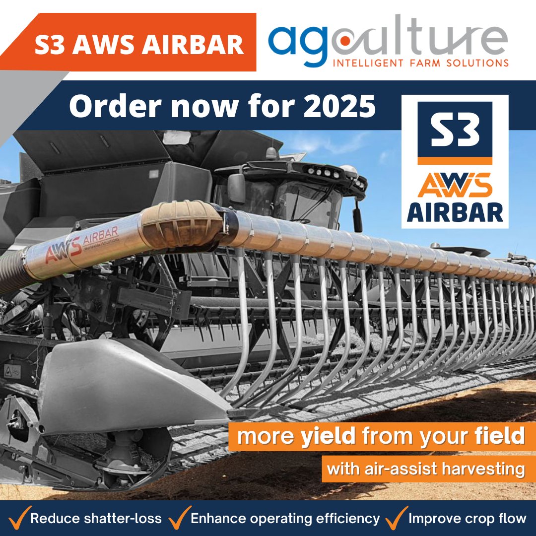 Get your S3 AWS Airbar order in for 2025 season at sea freight prices.
✅ Reduce Shatter-loss
✅ Enhance Operating Efficiency
✅ Improve crop flow

Get more yield from your field with air-assist harvesting.

Gav 0447 253 264
Matt 0474 000 699