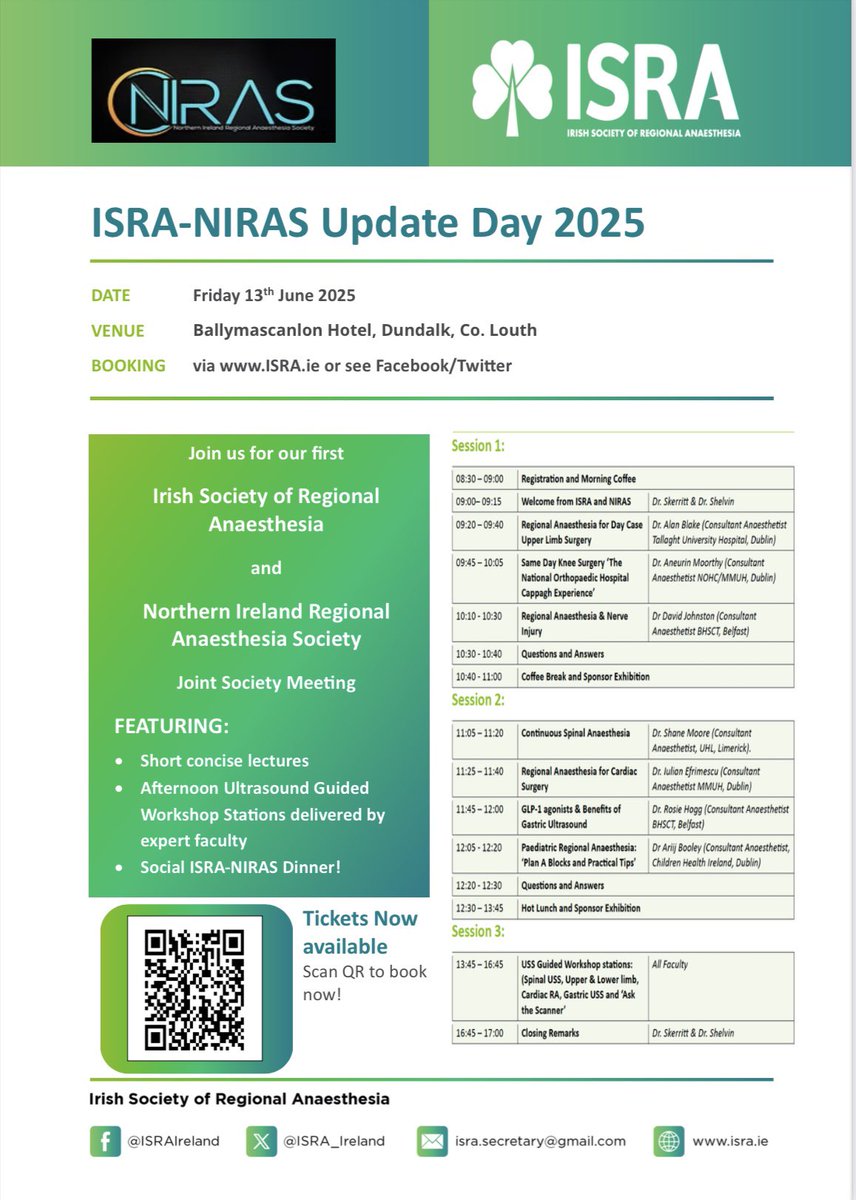 The first joint ISRA-NIRAS Update takes place this year on June 13th. Tickets are now on sale with experts representing both the HSE and NHS giving concise lectures on the latest topics in regional anaesthesia. Ticket available via the QR code below. 

tickettailor.com/events/theiris…
