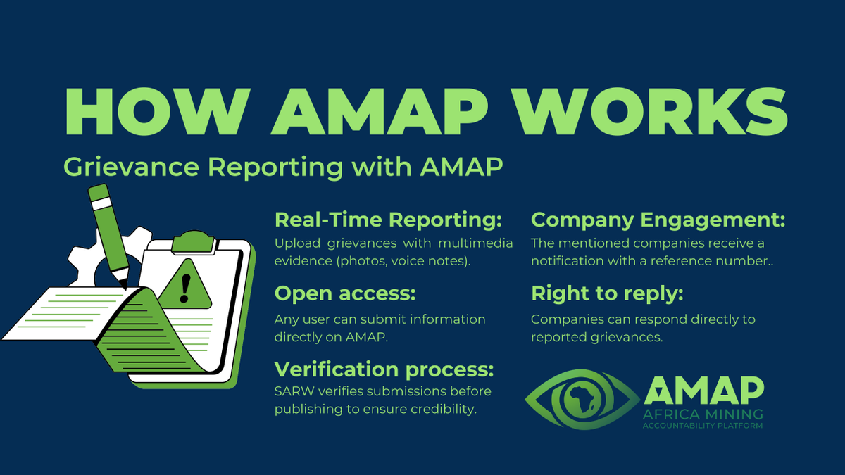 The_SARWatch's tweet photo. 🚀 Transform the way grievances are reported!
With AMAP, your voice matters. Report issues in real-time and hold companies accountable.
📲 Download now: https://t.co/bysuly537w
and be part of the change!
#AMAP #GrievanceReporting #MiningAccountability #CommunityVoices #EthicalMining #DownloadNow