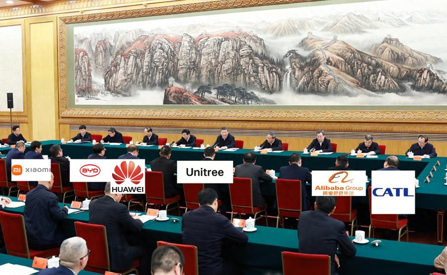thinking_panda's tweet image. President Xi Jinping today met with China's leading private tech giants, including Alibaba's Jack Ma, Huawei's Ren Zhengfei, BYD's Wang Chuanfu, Xiaomi's Lei Jun, DeepSeek's Leung Man Fung and Unitree Robotics' Wang Xingxing.