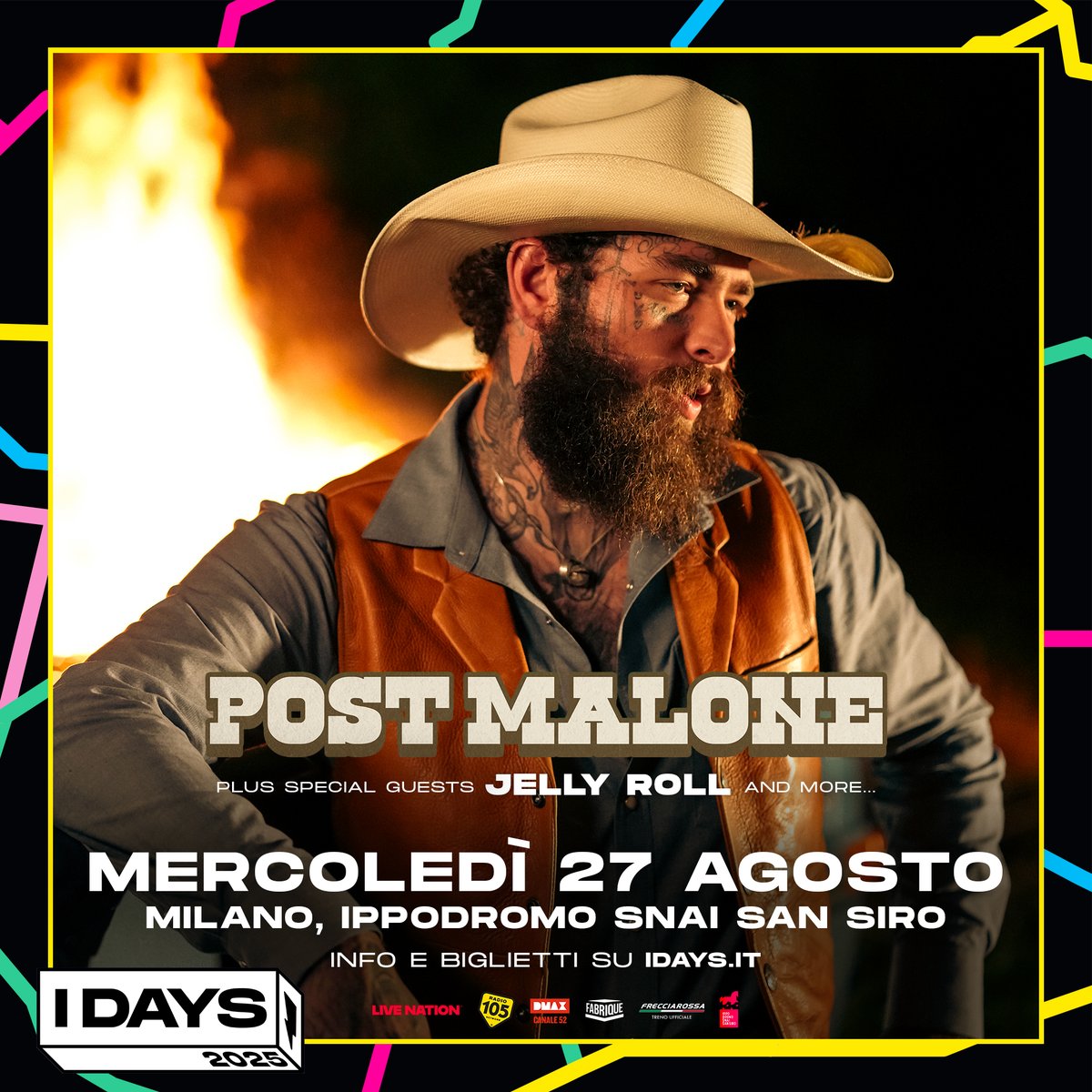 IDaysMilano's tweet image. #PostMalone è il nuovo headliner di I-Days Milano 2025! 🤠🔥
Mercoledì 27 agosto 2025 • Ippodromo SNAI San Siro
🎟️ Biglietti:
• in prevendita per gli utenti iscritti a My Live Nation da giovedì ore 12:00 su livenation.it
• in vendita da venerdì ore 12:00 su idays