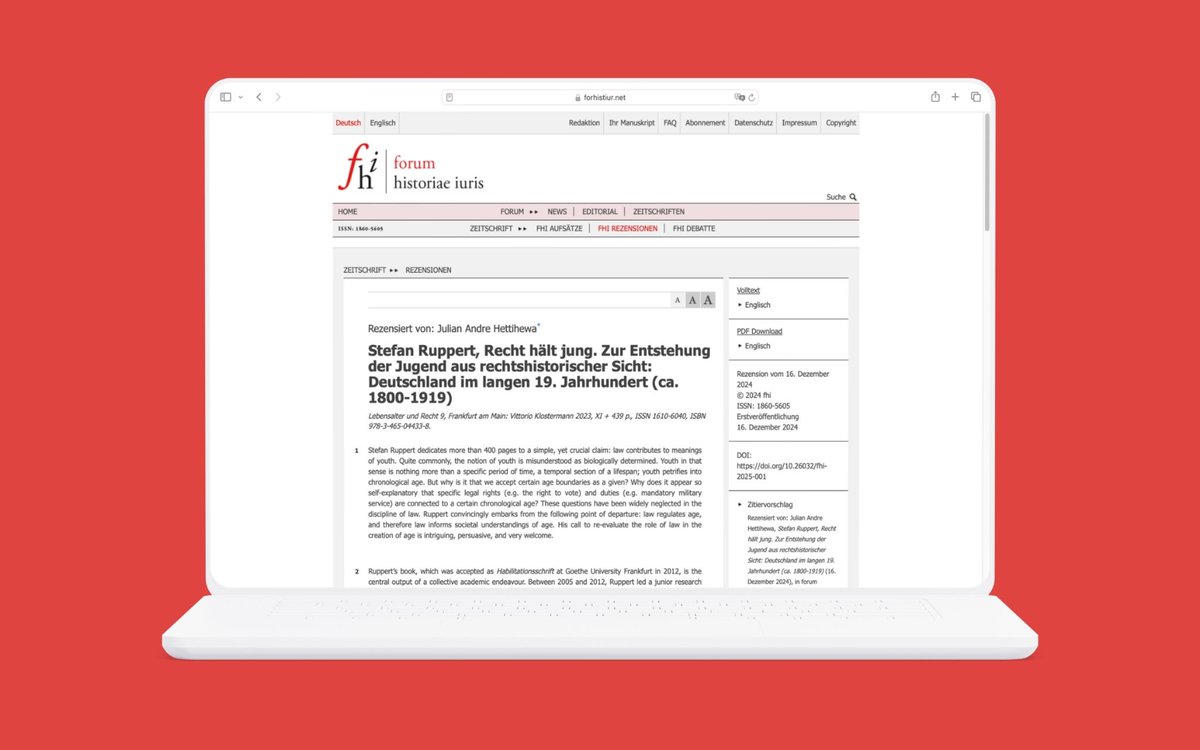 Neue FHI-Publikation 🔎

Julian Hettihewa  hat Stefan Rupperts Werk "Recht hält jung" rezensiert. Interessiert? Den Link zum Nachlesen finden Sie hier: forhistiur.net/2024-12-hettih…

Viel Vergnügen! 📚