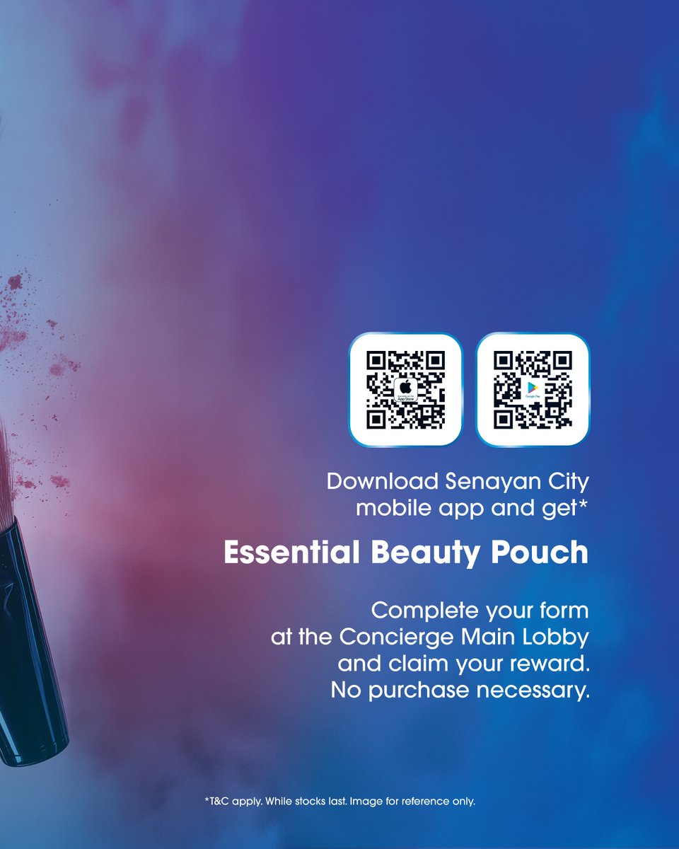 senayancity's tweet image. ICONIC START

17 Februari – 2 Maret 2025

Download Senayan City mobile app and get*

FREE ESSENTIAL BEAUTY POUCH

Complete your form at Concierge Main Lobby &amp;amp; claim your rewards, no purchase necessary.

*T&amp;amp;C Apply. While stocks last.

#SENAYANCITY #SCXMEMBER