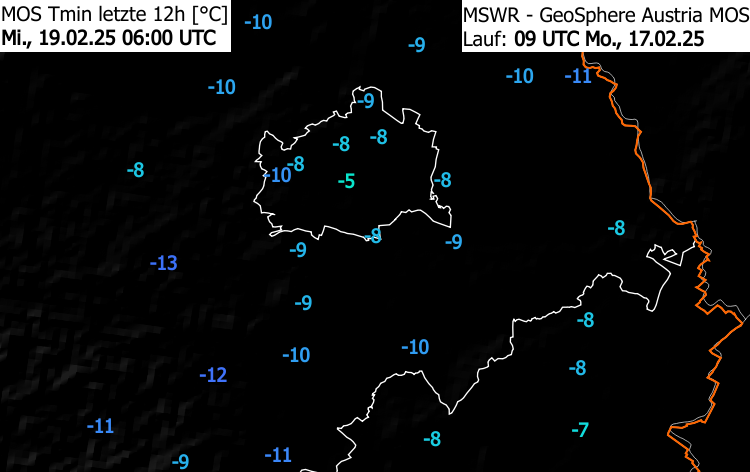Die vergangene Nacht war in #Wien die bisher kälteste des Winters. 🥶
Kältepol war wie so oft Wien Mariabrunn (Westeinfahrt) mit -9 °C.
Die Nacht von Dienstag auf Mittwoch könnte sogar noch eine Spur kälter werden. Unten die erwartbaren Tiefstwerte.