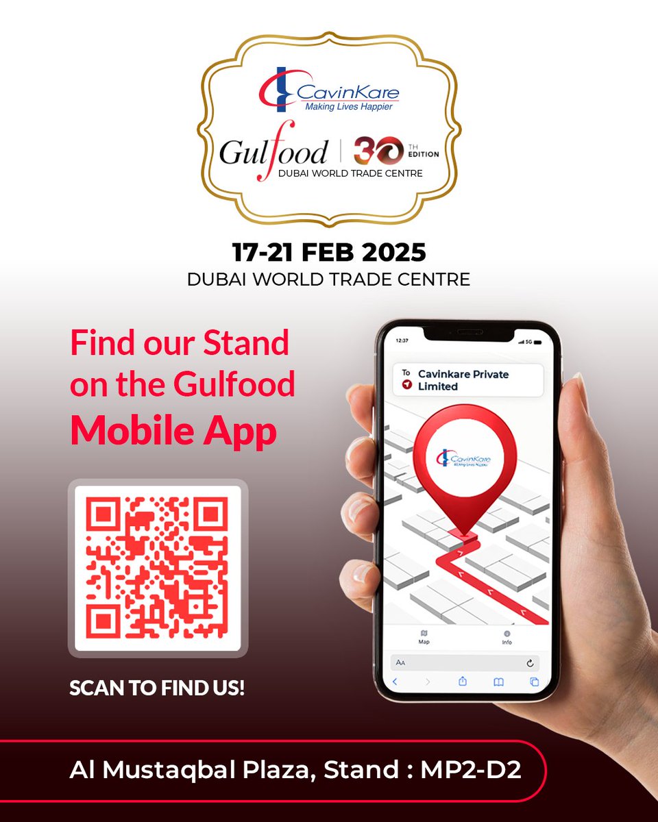 Experience CavinKare at Gulfood 2025! Join us at Al Mustaqbal Plaza, Stand MP2-D2 as we showcase our finest food &amp; beverage products. Let’s connect  &amp; explore new opportunities!

📅 17-21 Feb 2025
📍 Dubai World Trade Centre

Scan the QR code &amp; find us! 

#CavinKare #Gulfood2025