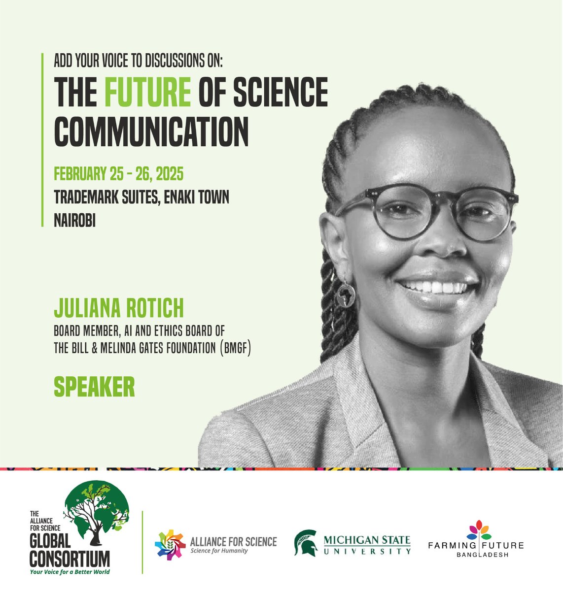Alliance for Science (@scienceally) on Twitter photo Join the Global Dialogue: The Future of Science Communication with Juliana Rotich and Leading Experts at the Alliance for Science Conference, February 25-26, 2025, at Trademark Suites, Enaki Town. #GlobalConsortium <a href="/afromusing/">Juliana Rotich</a> <a href="/SheilaAfrica/">Dr. Sheila Obim (formerly Ochugboju)</a> <a href="/mqhlay/">Muganda Clay</a> <a href="/TunjiLardner/">Tunji Lardner</a> Join the Global Dialogue: The Future of Science Communication with Juliana Rotich and Leading Experts at the Alliance for Science Conference, February 25-26, 2025, at Trademark Suites, Enaki Town. #GlobalConsortium <a href="/afromusing/">Juliana Rotich</a> <a href="/SheilaAfrica/">Dr. Sheila Obim (formerly Ochugboju)</a> <a href="/mqhlay/">Muganda Clay</a> <a href="/TunjiLardner/">Tunji Lardner</a>