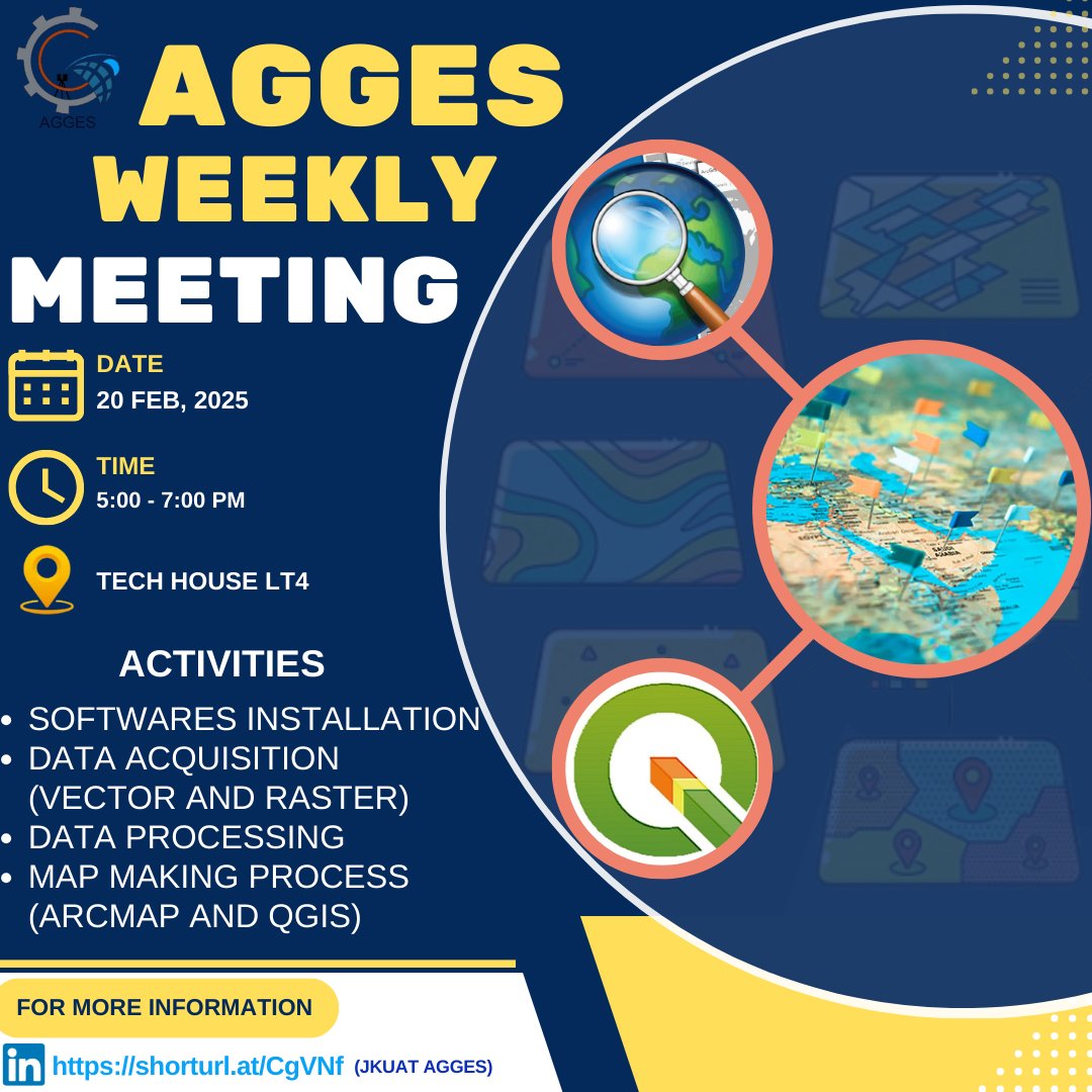 "🚀 Ready to Map Your Future? Join AGGES at Tech Hse! 🌍

We’re bringing you the basics of geospatial software, data processing, and map making – no compass required! 🗺️✨
🕔 Time: 5 PM - 7 PM
📍 Venue: Tech Hse
Don’t miss out – it’s time to *plot* your way to greatness! 😎"
