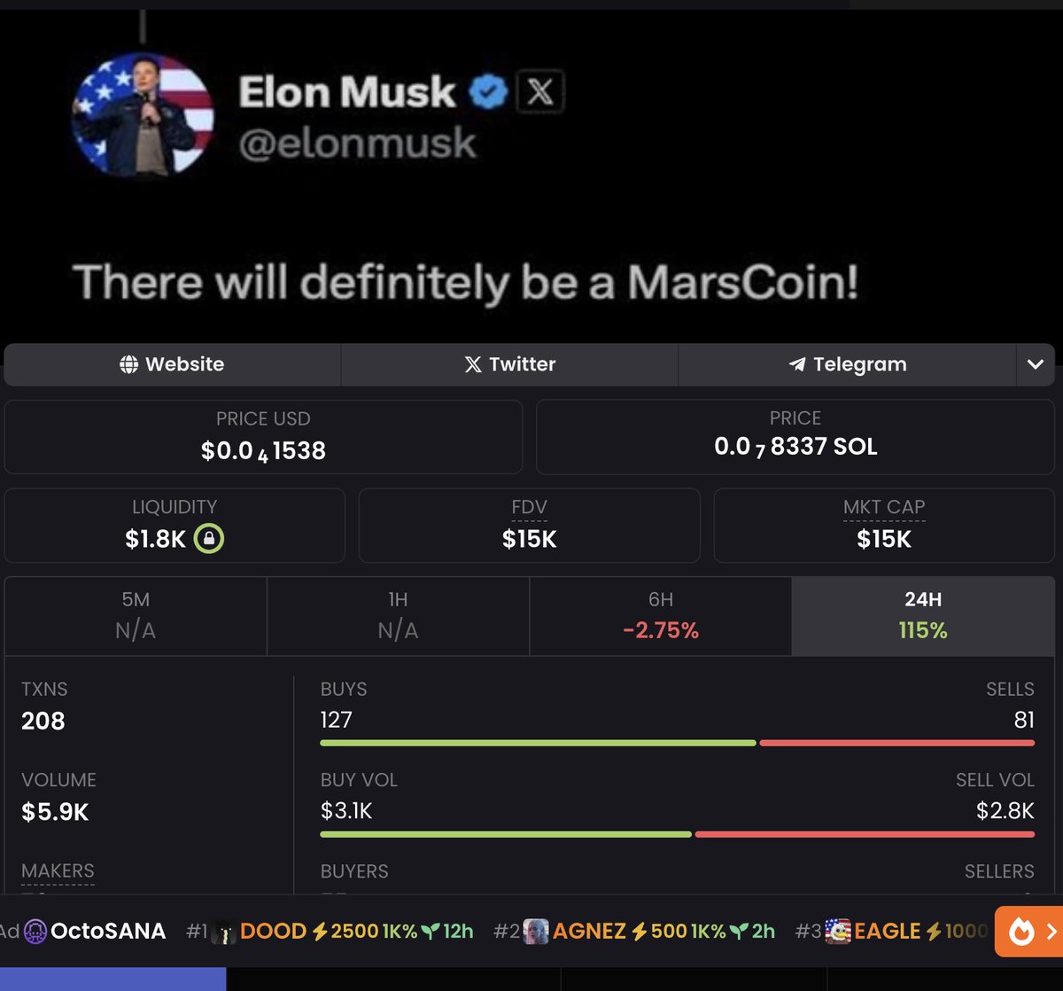 COIN SEDUCERS - 硬币诱惑者 (@coinseducers) on Twitter photo $MARS on $SOL is a sleeping giant. Mark my word. @OfficialMarsCTO @Solana
CA:
BCJdJUyr4h8qQwNAQBxNUmafzcn7twVx9SAH96wx17L2
Chart:
dexscreener.com/solana/7gkvgtr…
TG: t.me/OfficialMarsCo…
#nfa #dyor <a href="/bonkbot_io/">BONKbot</a> <a href="/elonmusk/">Elon Musk</a> <a href="/dexscreener/">DEX Screener</a> #mars <a href="/realDonaldTrump/">Donald J. Trump</a> <a href="/SpaceX/">SpaceX</a> <a href="/AltcoinDailyio/">Altcoin Daily (backup account)</a> $MARS on $SOL is a sleeping giant. Mark my word. @OfficialMarsCTO @Solana
CA:
BCJdJUyr4h8qQwNAQBxNUmafzcn7twVx9SAH96wx17L2
Chart:
dexscreener.com/solana/7gkvgtr…
TG: t.me/OfficialMarsCo…
#nfa #dyor <a href="/bonkbot_io/">BONKbot</a> <a href="/elonmusk/">Elon Musk</a> <a href="/dexscreener/">DEX Screener</a> #mars <a href="/realDonaldTrump/">Donald J. Trump</a> <a href="/SpaceX/">SpaceX</a> <a href="/AltcoinDailyio/">Altcoin Daily (backup account)</a>