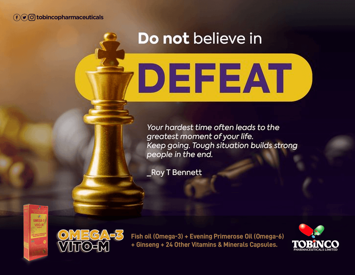 Tobincopharmacy's tweet photo. DO NOT BELIEVE IN DEFEAT! Happy Monday.
#MondayMotivation #Omega3 #VitoM #Tobinco #WhatsApp #NanaAba #Kumasi #AppiahStadium https://t.co/wKa3evzqik