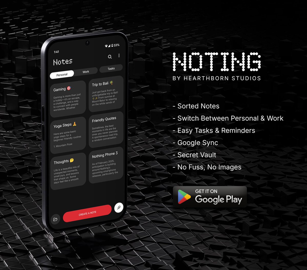 AliFakhruddin13's tweet image. ✨NEW LAUNCH✨
Noting Notes by @Hbstudios13 

Capture personal thoughts, work ideas, or grocery lists. Set reminders, store passwords securely, and keep everything private. No fluff, no frills, just pure, simple… Noting. 

play.google.com/store/apps/det…

#nothing #nothingcommunity