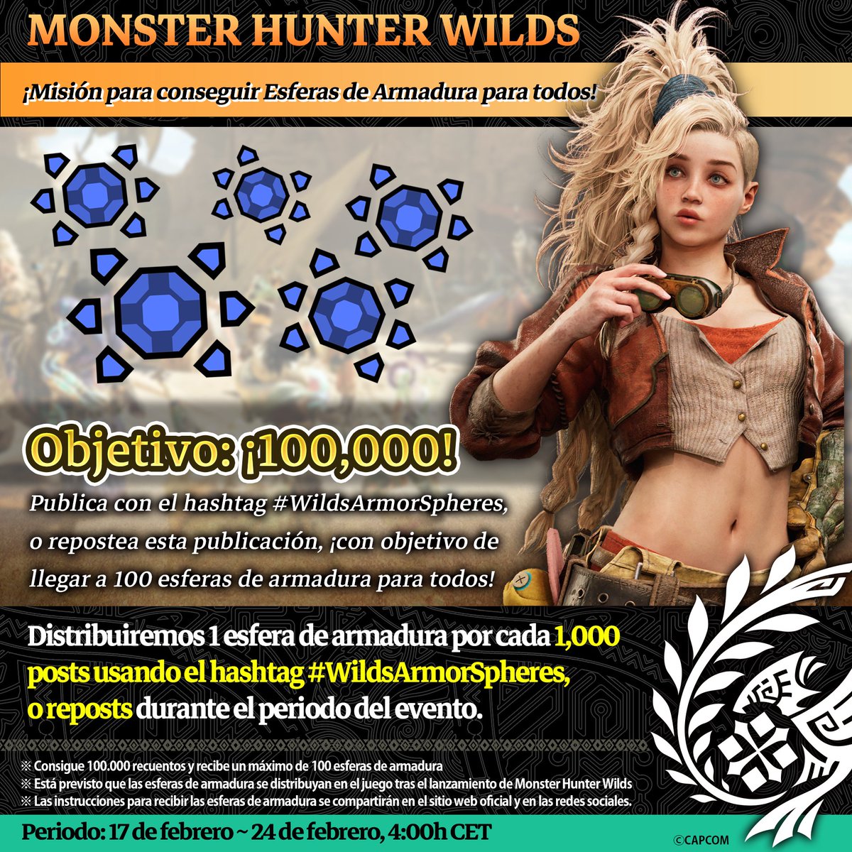 ESMonsterHunter's tweet image. Cazadores/as, ¡ha llegado una misión de Gemma! Así es como puedes cazar un cargamento de hasta 100 esferas de armadura para todos en el lanzamiento. No está mal, ¿eh?

1️⃣ Seguir a @ESMonsterHunter
2️⃣ RT este post o publica usando #WildsArmorSpheres