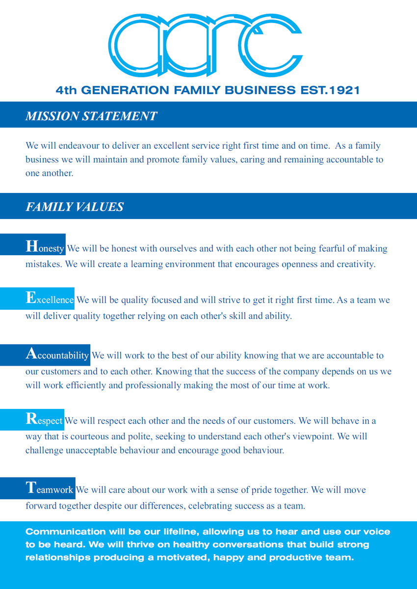 AARC Mission Statement. 

We will endeavour to deliver an excellent service right first time and on time. As a family business we will maintain and promote family values, caring and remaining accountable to one another. 

#MissionStatement #CustomerService #FirstClassService