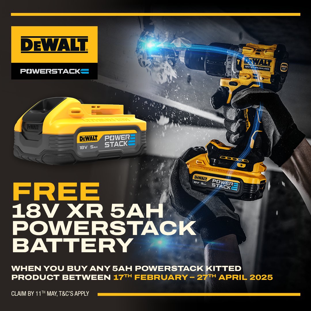 TooledUpDotCom's tweet image. 🏆 Upgrade Your Tools! 🏆

From 17th Feb to 27th April 2025, get an 18V XR 5Ah POWERSTACK battery when you purchase a 5Ah POWERSTACK kitted product! 🔋💪

Purchase here: bit.ly/3CGlkao  👈
